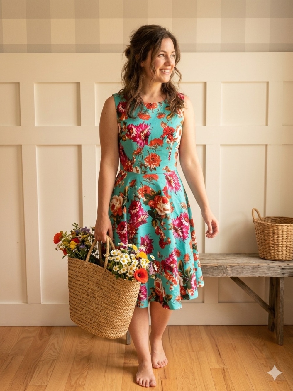 Grace Karin Turquoise Floral Fit-and-Flare Midi Dress Medium